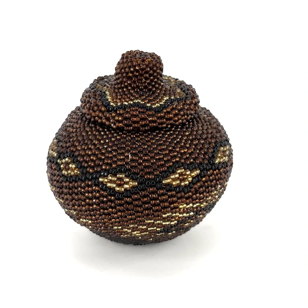 Vintage Glass Beaded Lidded Basket Bali, Indonesia Artisan Balinese 3